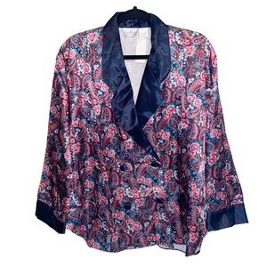 Vintage Smoking Bed Jacket Womens Large Floral Satin Double Breasted Pajama Top